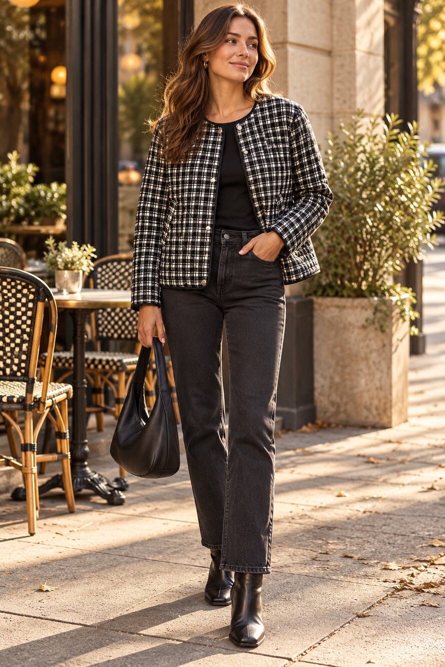 very J Black & White Plaid Quilted Snap Front Jacket Size L NWT